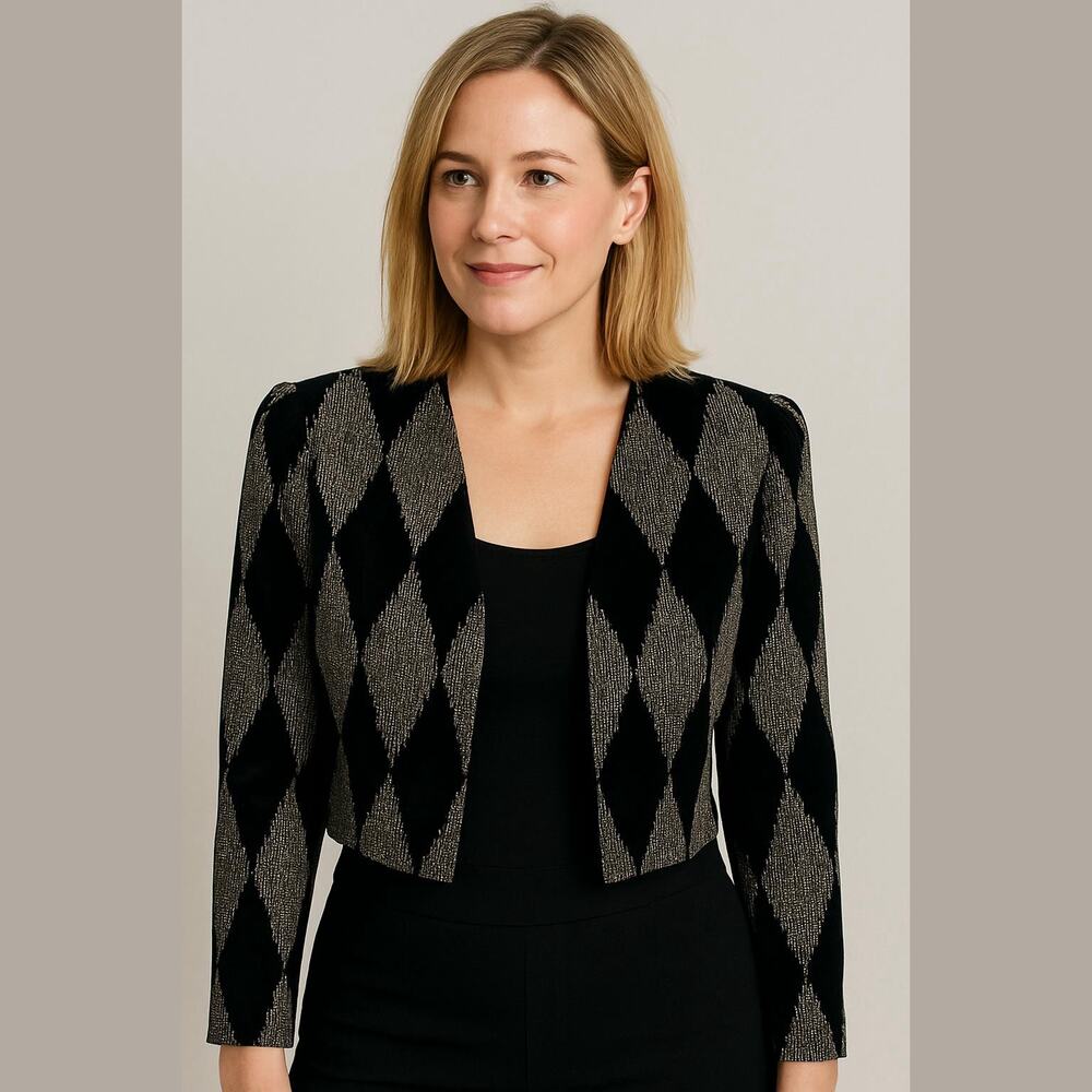 Vintage After Dark Black Velvet Glitter Argyle Cropped Dressy Evening Jacket 10